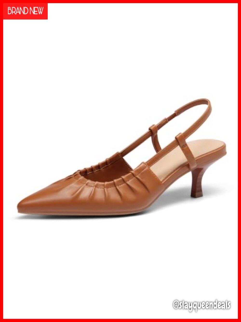 Women Slingback Kitten Heels Pointed Toe Pleated PU Leather Pumps 2in Heel